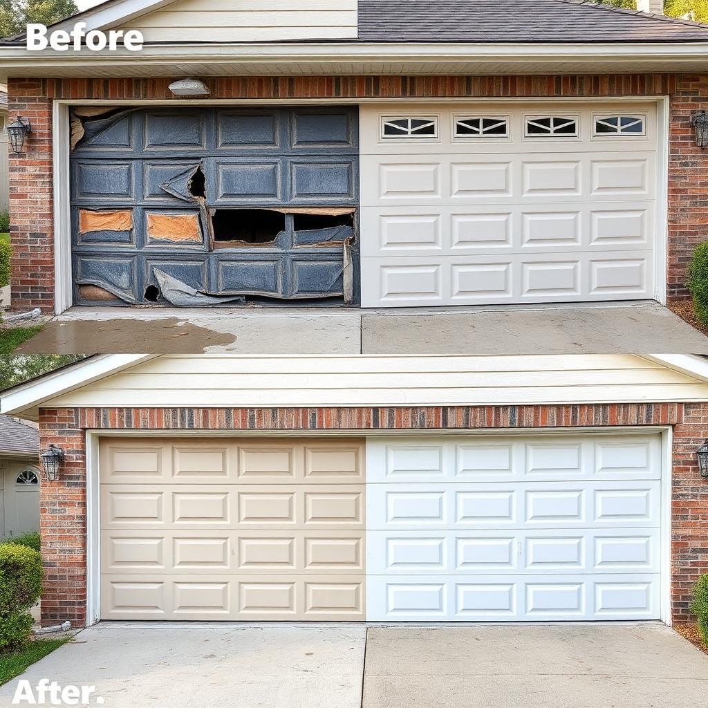 Before and after garage door installation by Garage Door Nova showing quality transformation
