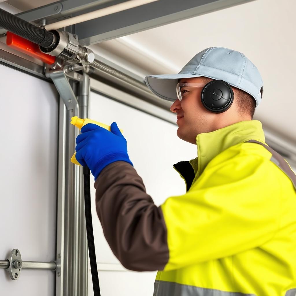 Professional technician performing garage door maintenance inspection